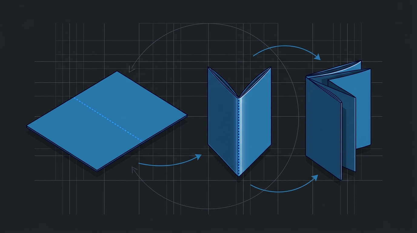 3D diagram of a single sheet of paper folded in half to create 4 distinct booklet pages