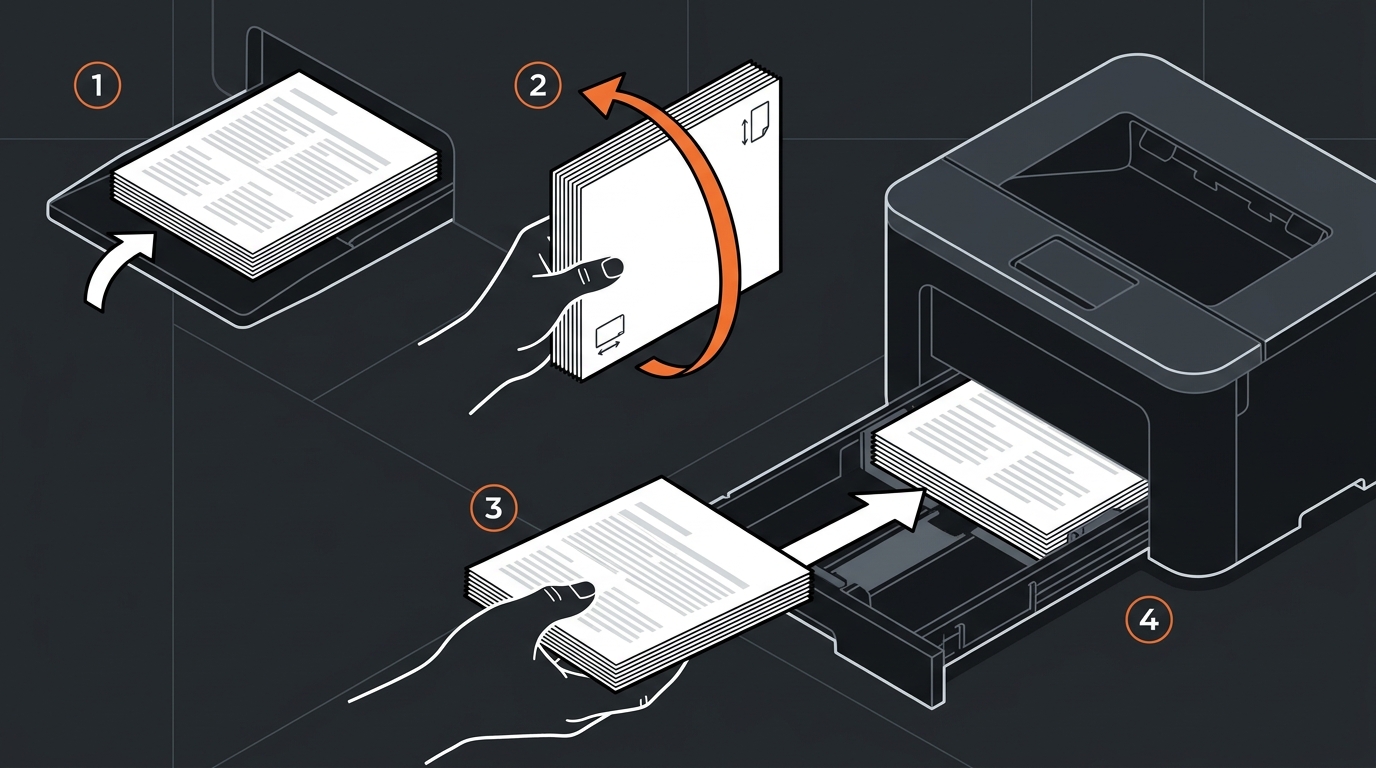 Instructional diagram showing how to flip a printed stack of paper and re-insert it into a printer tray for double-sided printing